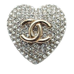 Chanel Silver Plated Crystal Cc Heart Ring